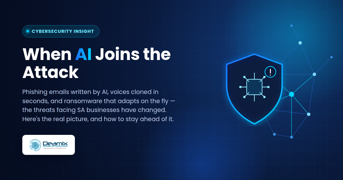 Digital shield with a circuit chip and alert icon, representing AI-powered cybersecurity threats facing South African businesses